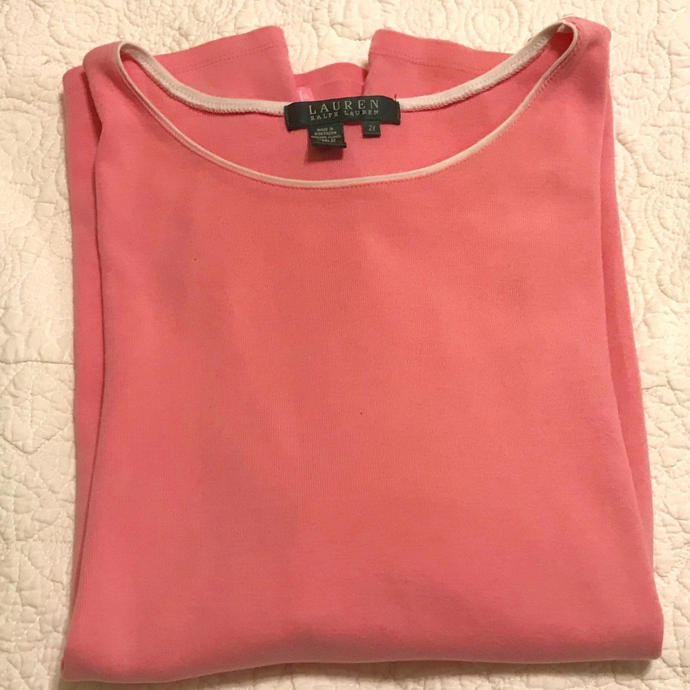 Lauren Ralph Lauren pink short sleeve tee shirt with white trim on collar (2X)